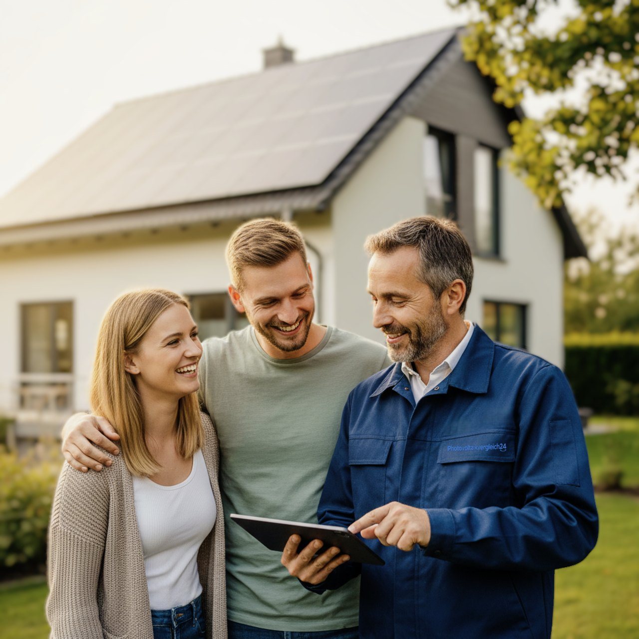 Familie läuft lachend über eine Wiese vor einem Haus mit Solaranlage auf dem Dach.